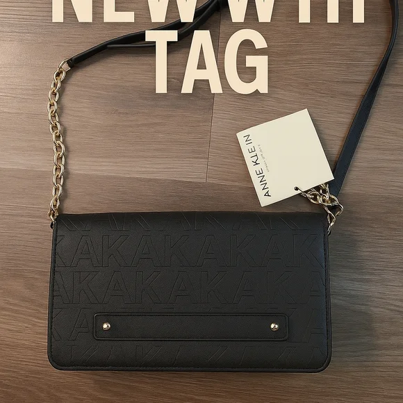 Anne Klein Black Textured Crossbody Bag with Chain Strap - Picture 1 of 3